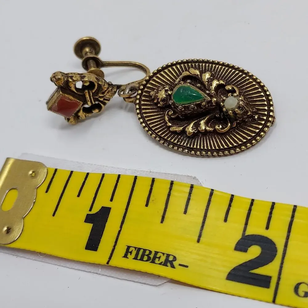 Vintage Victorian Revival Earrings Dangle Aged Gold Tone Gemstones Screw Back